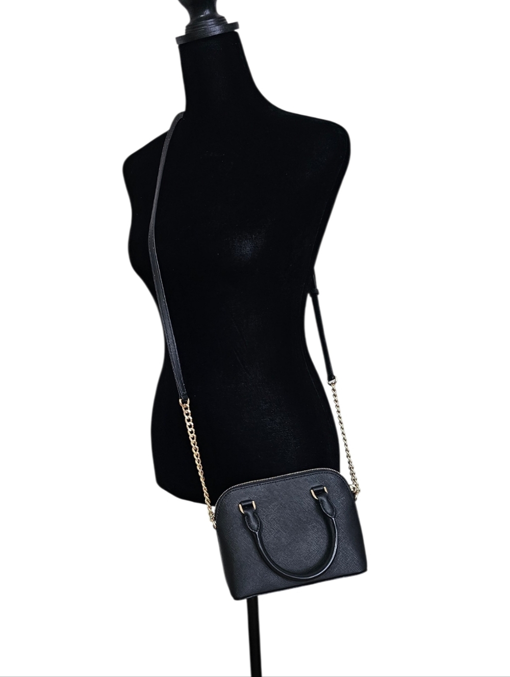 Michael Kors Black Saffiano Mini Dome Satchel Crossbody Gold Chain - Picture 8 of 13